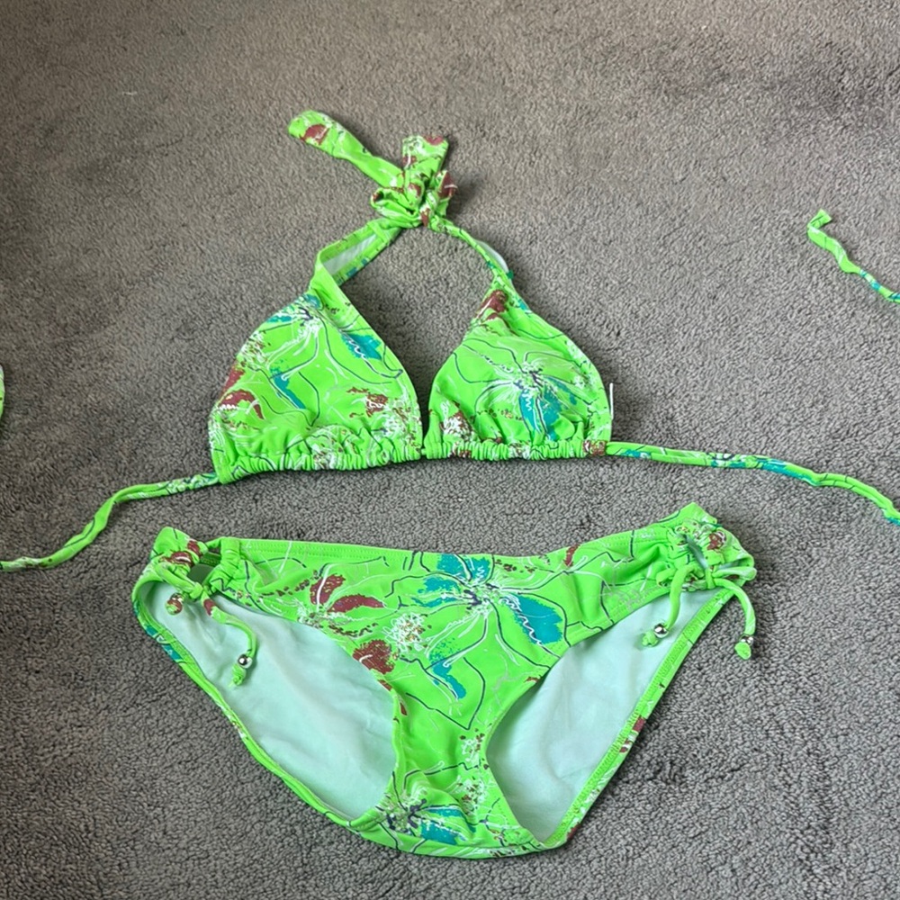 Want Green Floral Bikini Set Triangle Halter Top Tie Side Bottom Swim SIZE L